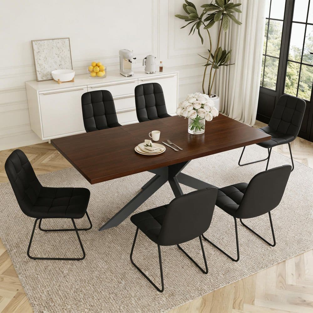 Modern 7-Piece Extendable Rectangle Walnut MDF Top Dining Room Set Seating 6 People 66.9 in. with U-Shaped Black Chairs