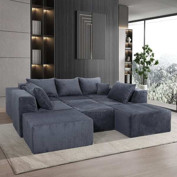 SSOXSJ 155.9 in. Square Arm 8-Piece Corduroy Free Combination Modular Sectional Sofa with Ottomans in. Steel Blue