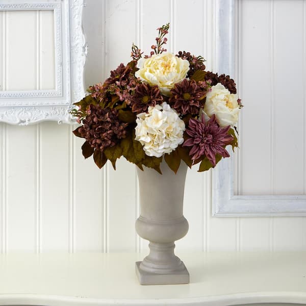 Nearly Natural 27 in. Peony, Hydrangea and Dahlia Artificial Arrangement in Sand Colored Urn