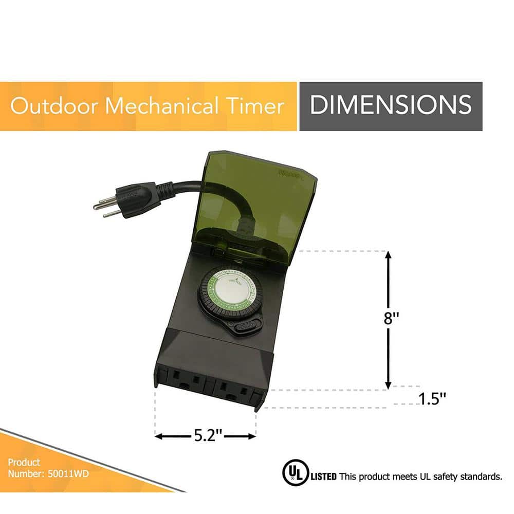 Black Outdoor Mechanical Timer with 2 Grounded Outlets