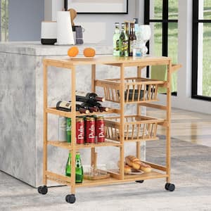 Farmhouse Bamboo Wood Outdoor Serving Bar Cart with Wheels, Patio Trolley Dining Kitchen Cart