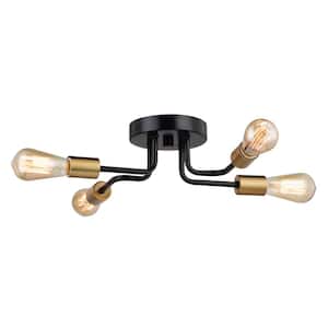 Rhine 15.75 in. W Matte Black and Gold Brass LED Compatible Industrial Semi Flush Mount Ceiling Light Exposed Bulbs