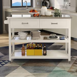 47.24 in. White Wood Mobile Kitchen Island Cart with 2-Shelves, 2-Drawers, Towel Rack and Stainless Steel Table Top