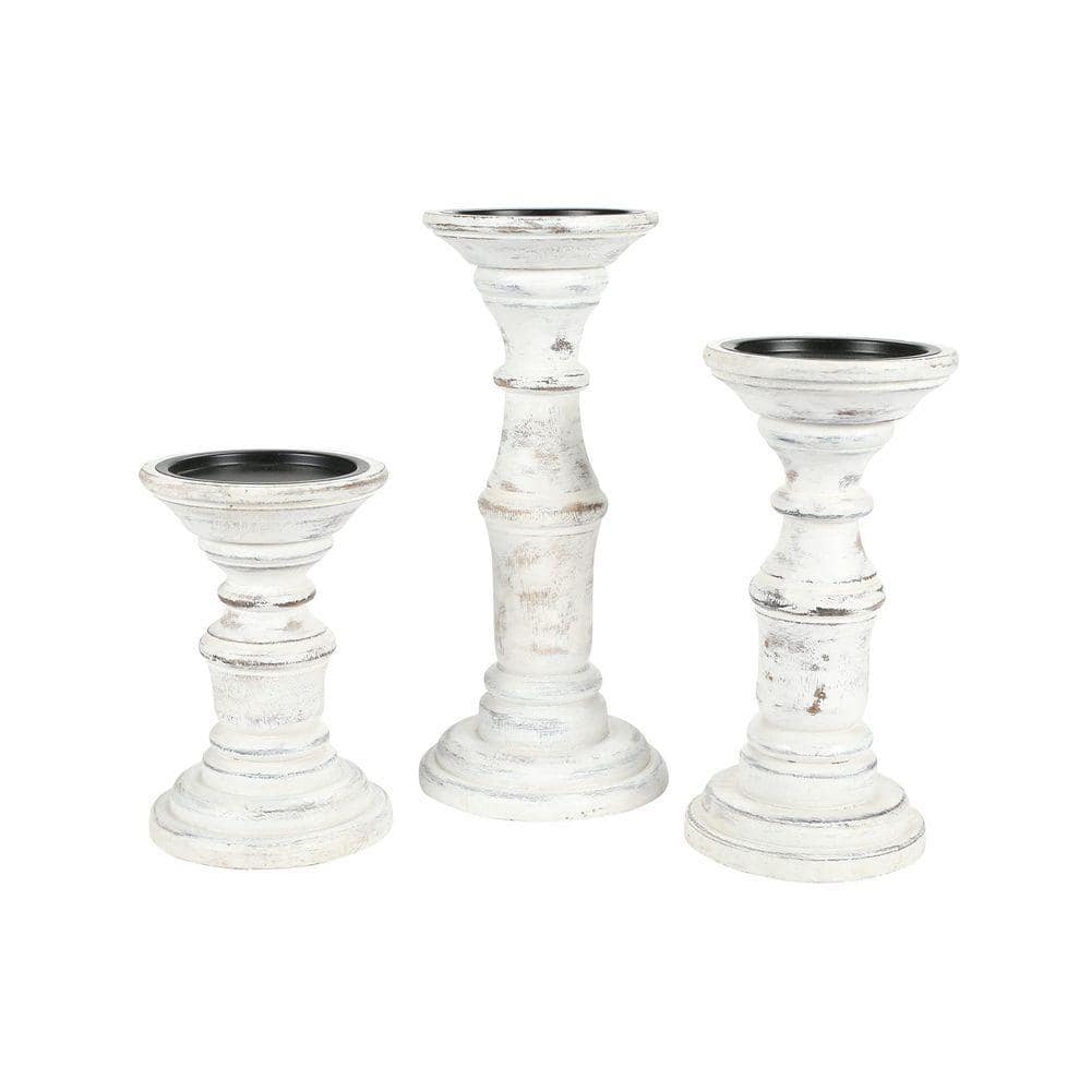 Set of 3 Wooden Pillar Candle Holders Antique White 10 in. 8 in. 6 in ...