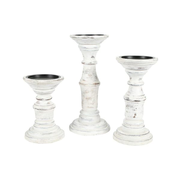Set of 3 Wooden Pillar Candle Holders Antique White 10 in. 8 in. 6 in ...