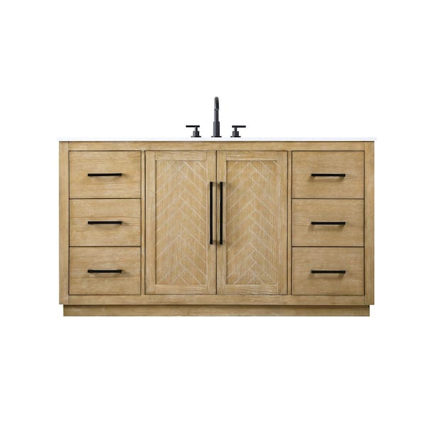 60 in. Single Sink Linen Oak Bath Vanity with White Engineered Marble Top