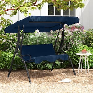 3-Person Metal Patio Swing with Glider Hammock Steel Frame Navy Cushioned Backyard