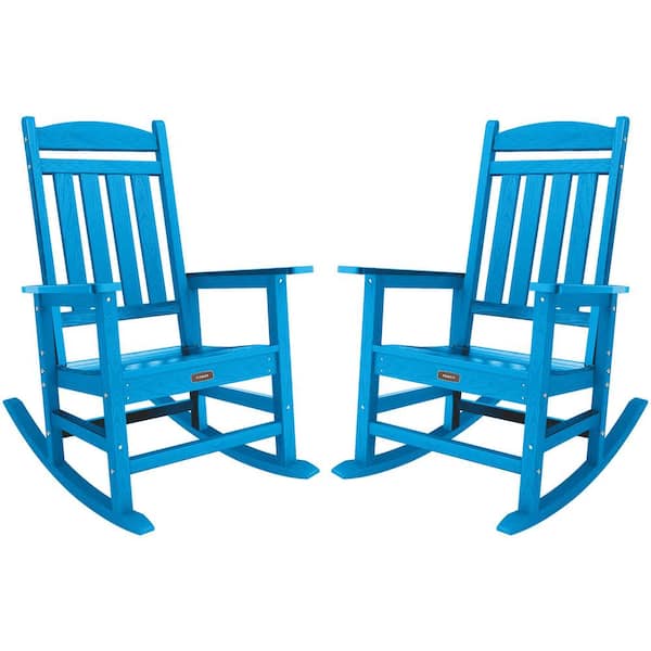 TenKa Set of 2 Blue HDPE Plastic Patio Outdoor Rocking Chair All Weather Resistant Porch Rocker for Lawn Garden