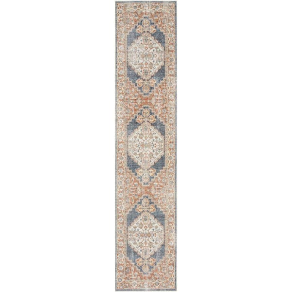 Nourison Astra Machine Washable Denim Multicolor 2 ft. x 10 ft. Distressed Traditional Runner Area Rug