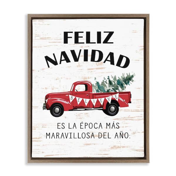 Stupell Industries Feliz Navidad Red Truck Xmas by Lettered and Lined Brown Floater Frame Abstract Graphic Art Print 21 in. x 17 in.