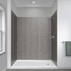 Jetcoat 32 in. x 60 in. x 78 in. 5-Piece Easy-up Adhesive Alcove Shower Surround in Ash Grey Wood
