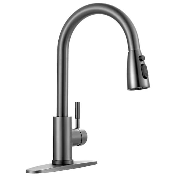 15.3 in. 3-Mode Single Handle Stainless Steel Pull Down Sprayer Kitchen Faucet with Swivel Spout and Deck Plate in Gray