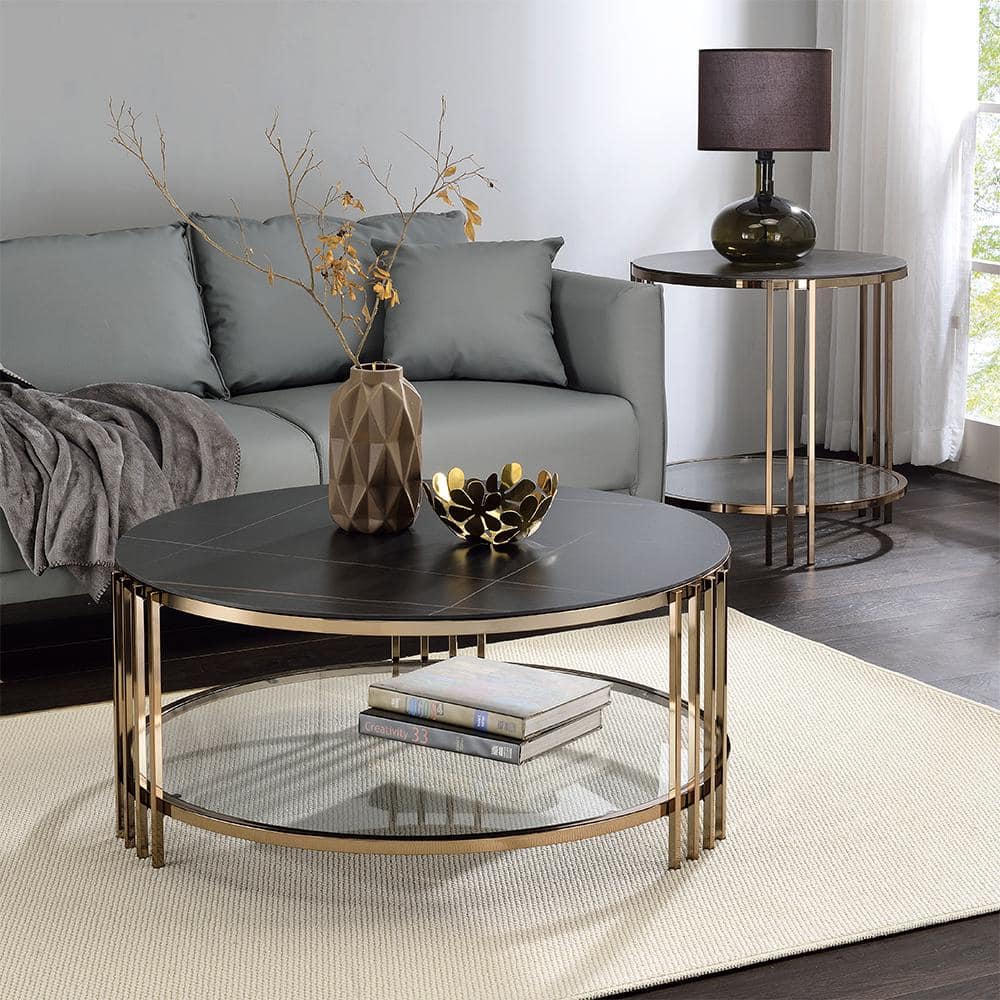 Round Black Sintered Stone and Glass Coffee Table with Champagne Finish