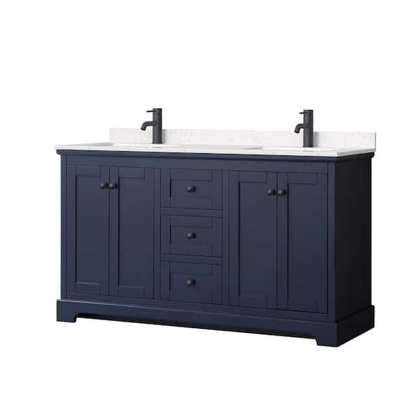 Wyndham Collection Avery 60 in. W x 22 in. D x 35 in. H Double Bath Vanity in Dark Blue with Carrara Cultured Marble Top