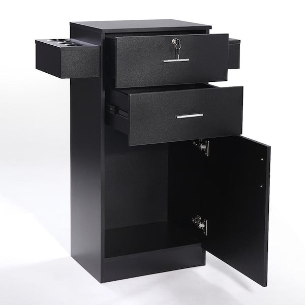Unbranded 18 in. W x 13.8 in. D x 38.3 in. H Black Lockable Wood Linen Cabinet with 6 Hair Dryer Holders, 2-Drawers and 1 Door