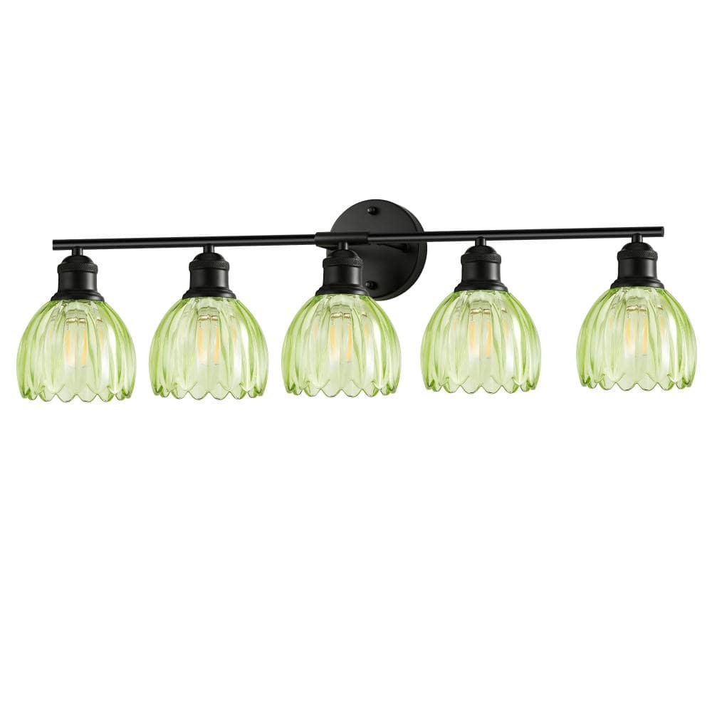 33 in. 5-Light Matte Black Vanity Light Wall Light Over Mirror with Green Tulip Glass Shade price history on PriceWatchPro