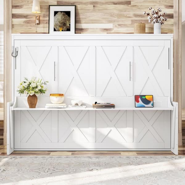 Sahnaz White Wood Frame Queen Size Murphy Bed with Desk, USB Charging Station and LED Lights