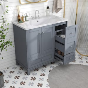 Victoria 36 in. W x 18 in. D x 34 in. H Freestanding Single Sink Bath Vanity in Blue with White Integrated Countertop