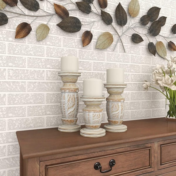 Litton Lane White Wood Handmade Candle Holder with Carved Designs (Set of 3)