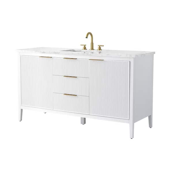 Emma 60 in. W Bath Vanity in White with Engineered Stone Top in Arabescato with White Sink