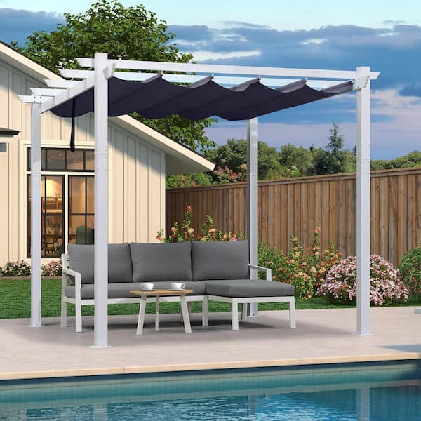 PURPLE LEAF 10 ft. x 10 ft. Navy Blue Aluminum Outdoor Retractable Pergola with Sun Shade Canopy Cover White Patio Shelter