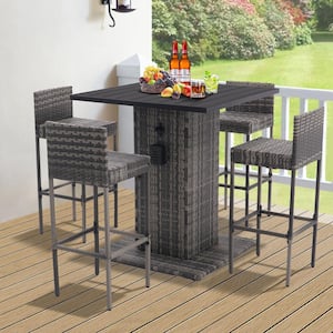 5-Piece Metal Outdoor Bistro Set, PE Rattan and Steel Frame with Metal Tabletop and Stools for Backyards, Porches Gray