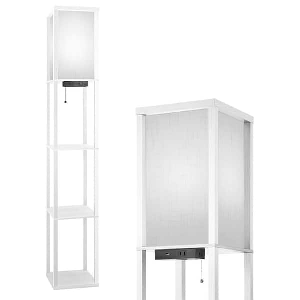 BICIK 63.7 in. LED Floor Lamp with White Fabric Shade USB Charging Power Outlet and Column Shelves for Living Room Bedroom