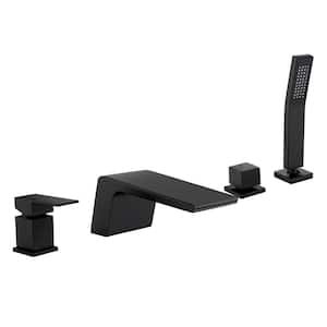 Single-Handle Deck-Mount Waterfall Roman Tub Faucet with Hand Shower 3-Holes Bathtub Filler in Matte Black