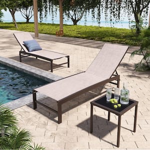 3-Piece Adjustable Aluminum Outdoor Chaise Lounge in Beige with Tempered Glass Side Table