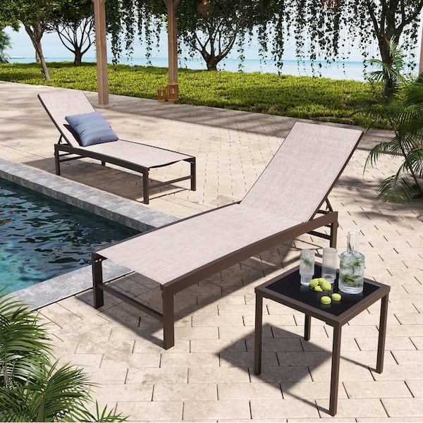 Pellebant 3-Piece Adjustable Aluminum Outdoor Chaise Lounge in Beige with Tempered Glass Side Table