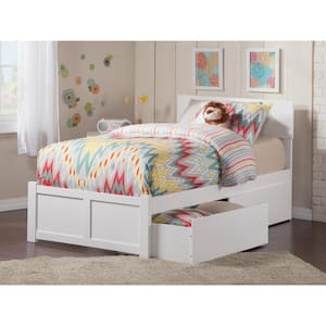 Orlando White Twin Solid Wood Storage Platform Bed with Flat Panel Foot Board and 2 Bed Drawers