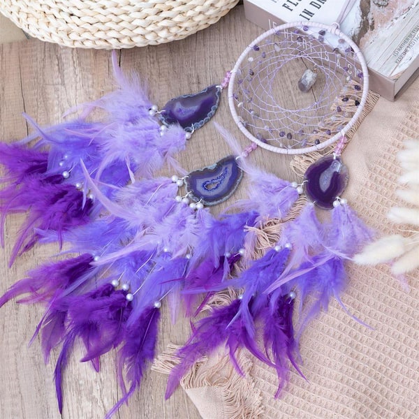 Purple Agate Dream Catcher-Handmade Feather & Crystal Wall Decor