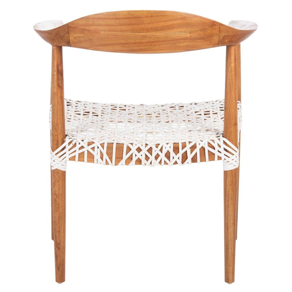 Back view of a light brown wood arm chair with a white woven seat.