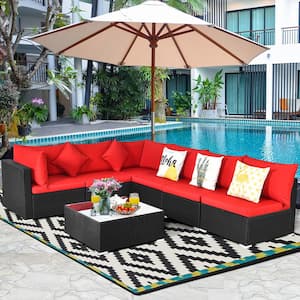 7-Piece Wicker Patio Conversation Set PE Rattan Sectional Sofa Furniture Set with Red Cushions