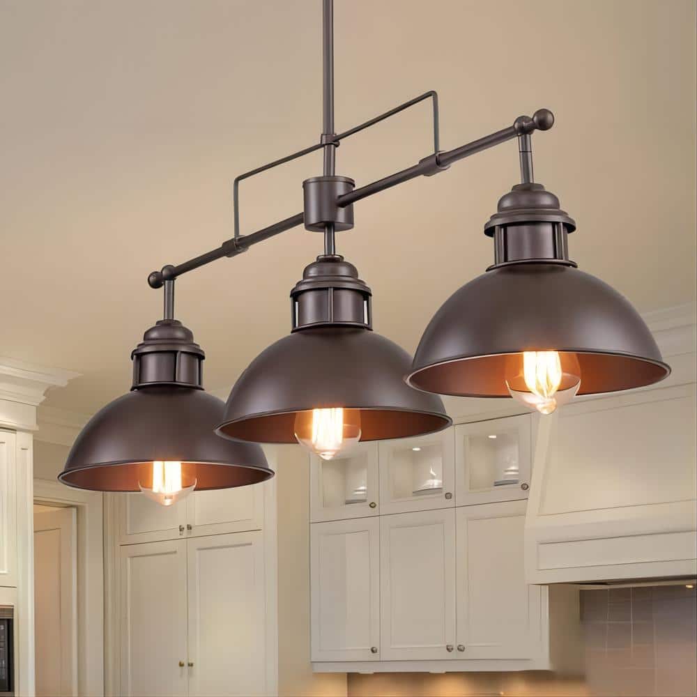 RRTYO 3-Light Modern Industrial Metal Linear Dome Island Pendant Light for Kitchen Island, Pool Table, Dining Room, Size: Oil Rubbed Bronze, image size:1000x1000