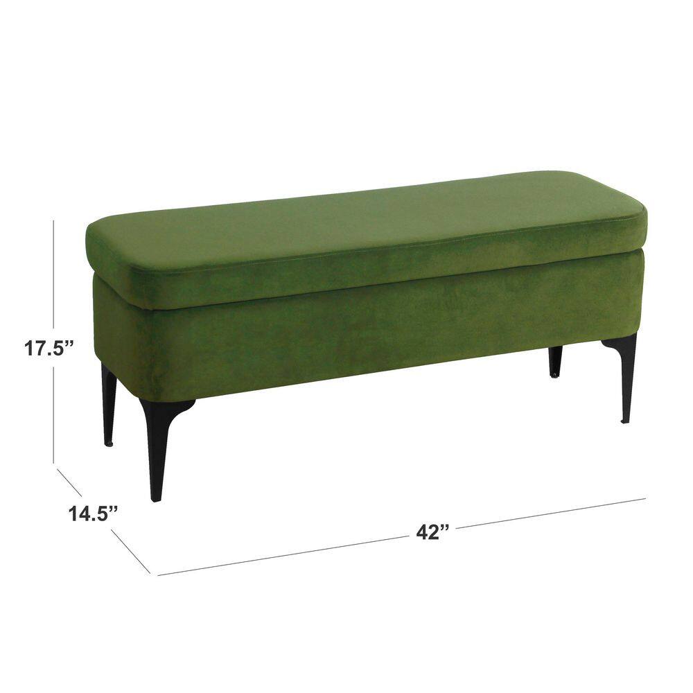Modern Glamorous Green Velvet Storage Bench with Matte Black Legs