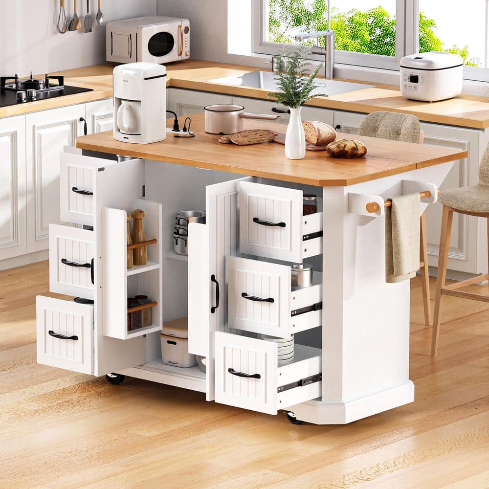 White Wood 55.5 in. Rolling Kitchen Island with Drop Leaf, Power Outlet, 4 Wheels and 6 Drawers