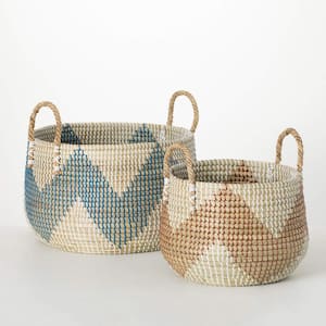 14 in. and 12.5 in. Multicolor Zigzag Woven Seagrass Basket Set of 2