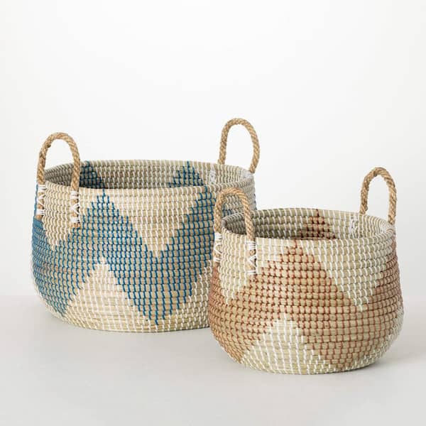 SULLIVANS 14 in. and 12.5 in. Multicolor Zigzag Woven Seagrass Basket Set of 2