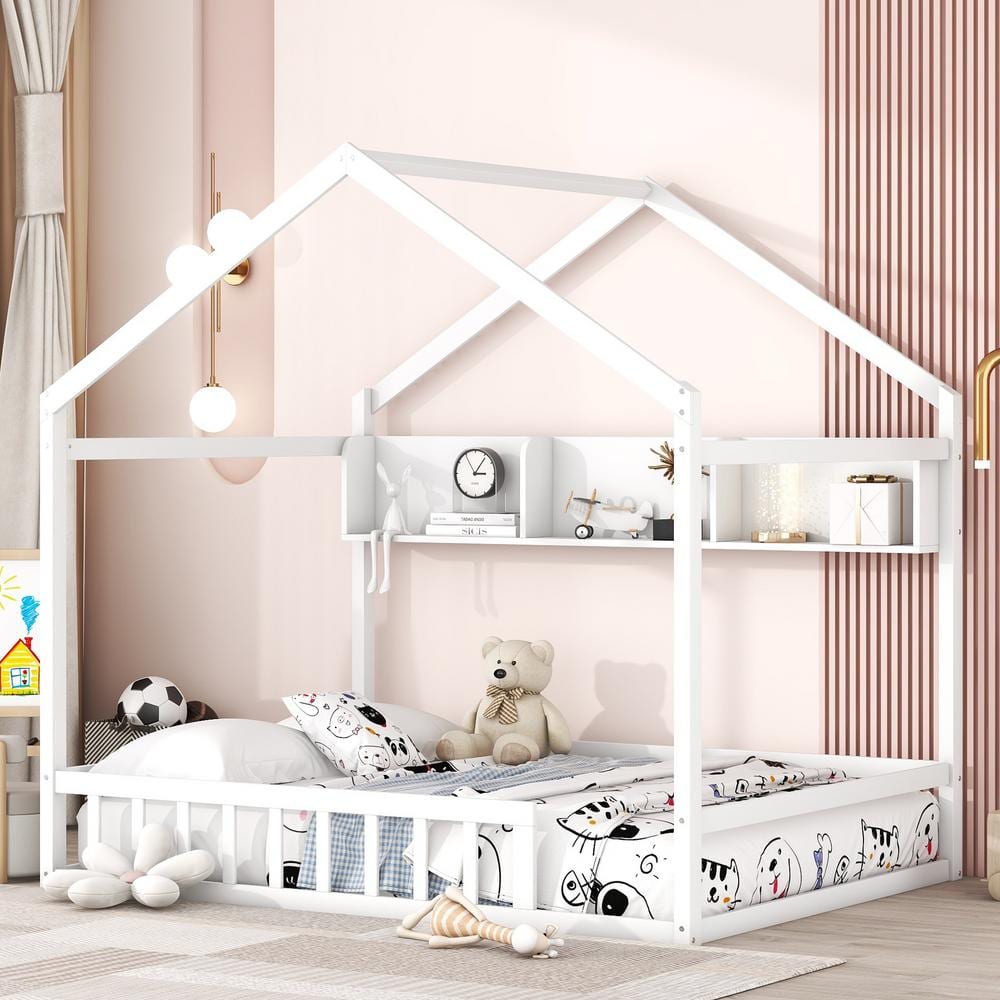 Harper And Bright Designs White Full Size Wood House Bed With Fence Roof