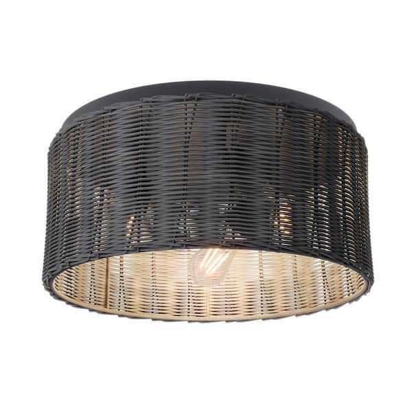 aiwen Boho 17.12 in. 3-Light Black Rattan Flush Mount Ceiling Light Hand-Woven Rattan Light Fixtures