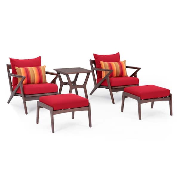 RST BRANDS Vaughn 5-Piece Club Chair and Ottoman Wood Patio Conversation Set with Sunset Red Cushions