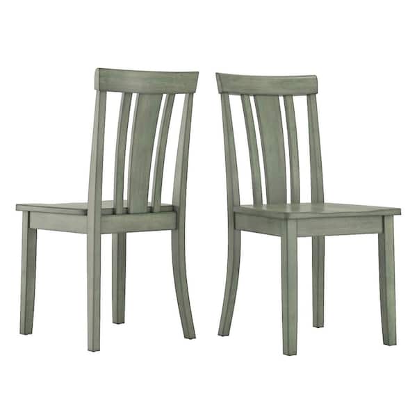 Antique Sage Green Slat Back Wood Dining Chairs (Set of 2)