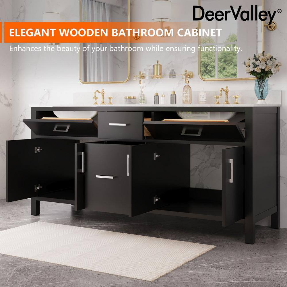 72" Black Double Freestanding Bathroom Vanity with Marble Top