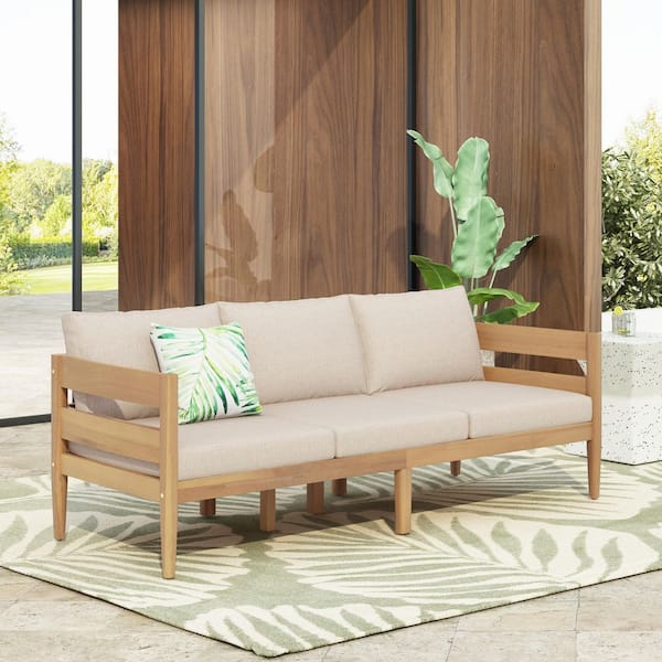 Parker Light Teak Finish Acacia Wood Patio Outdoor 3 Seater Couch with Beige Cushions, Slatted Frame, Curved Back