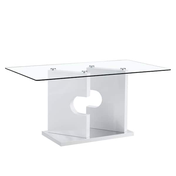 Polibi Modern Rectangle White Glass 40.55 in.Pedestal Dining Table Seats for 6