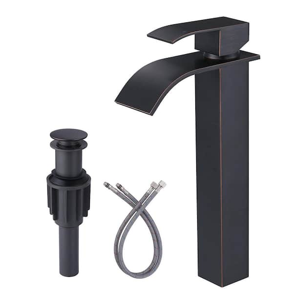 Stainless Steel Single Handle Waterfall Single Hole Bathroom Faucet with Drain and Supply Lines in Oil Rubbed Bronze