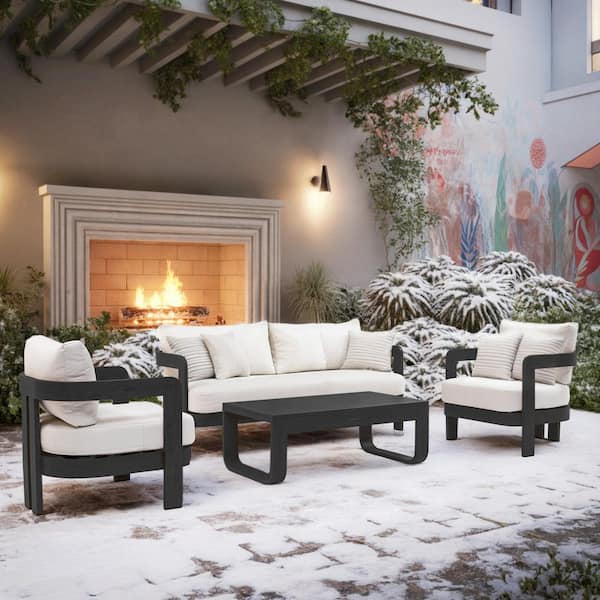 Outdoor Aluminum Sofa Set, Wood Grain Veneer Sofa 4-piece Set for Patio, 5-Person Outdoor Seating Sofa, Beige Cushion