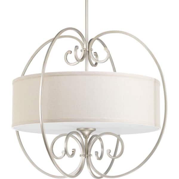 Progress Lighting Overbrook Collection 4-Light Silver Ridge Large Pendant with Natural Linen Shade