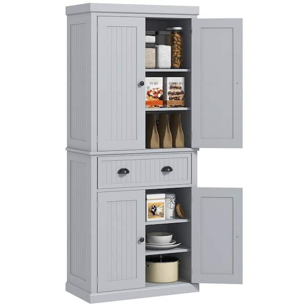72 in. Wood Pantry Organizer with 4 Doors and 3 Adjustable Shelves, Large Central Drawer in Gray